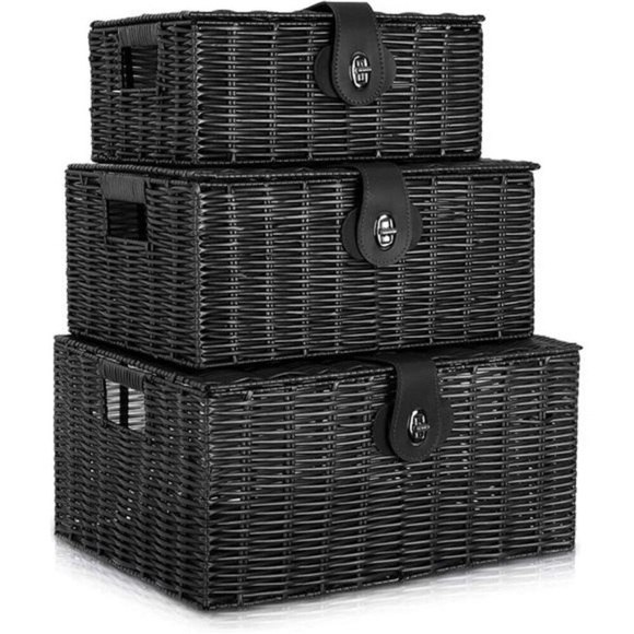Set of 3 Woven Storage Basket Box Wicker Hamper Stackable Bin with Lid & Lock